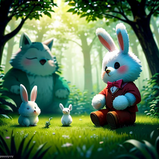 a rabbit and two rabbits in a forest with trees and grass, one of them is sitting on the ground