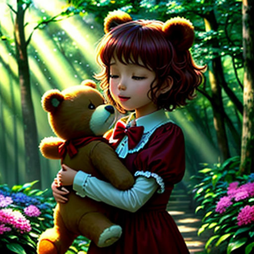 a little girl holding a teddy bear in a forest with flowers and trees in the background, with sunlight streaming through the trees