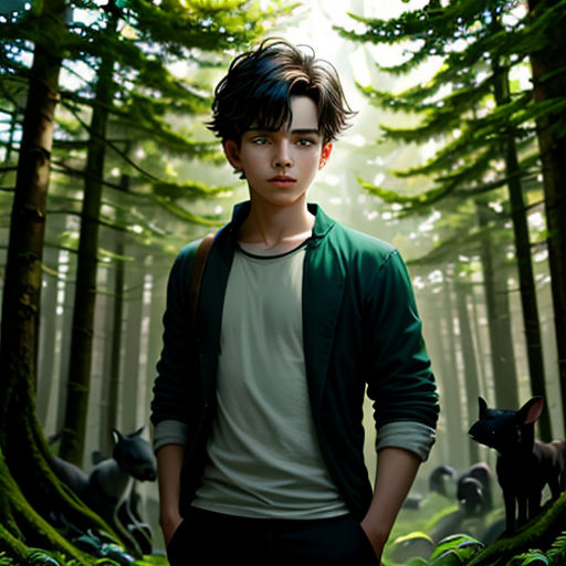 a young man standing in a forest with animals around him and a forest background with trees and animals around him