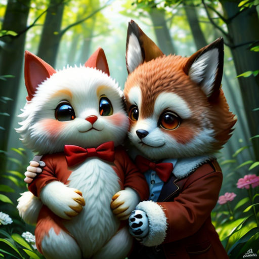 a painting of two foxes hugging each other in a forest with flowers and trees in the background, with a forest scene in the background
