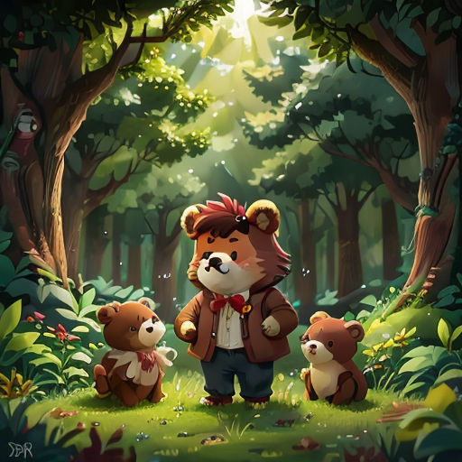 a bear and two bears in a forest with trees and grass and sunlight shining through the trees and leaves