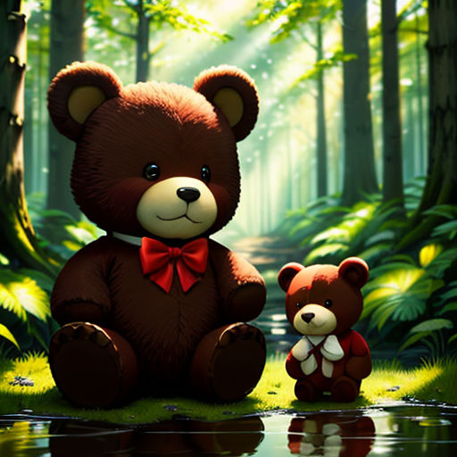 a brown teddy bear sitting next to a small brown bear in a forest with a stream of water and trees