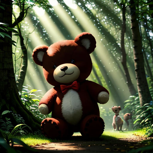 a teddy bear sitting in the middle of a forest with a dog in the background and a light beam coming from the trees