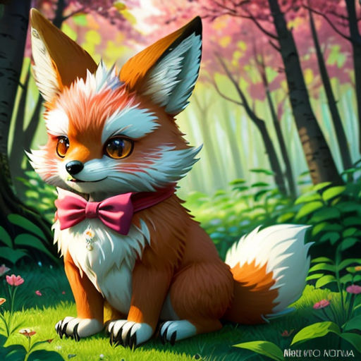 a painting of a fox with a bow tie sitting in the grass in front of a forest with pink flowers