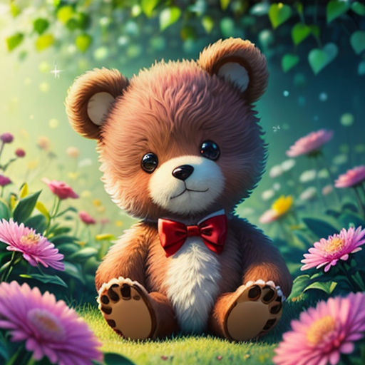 a teddy bear sitting in a field of flowers with a red bow tie on it's neck and eyes closed