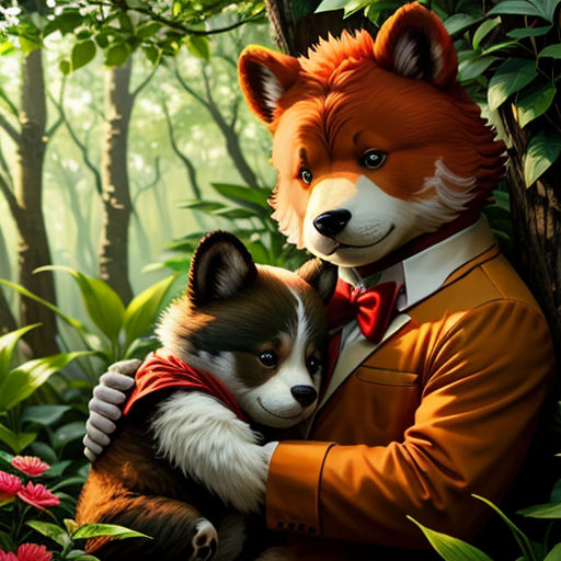 a painting of a man holding a dog in a forest with flowers and trees in the background, with a red fox in the foreground
