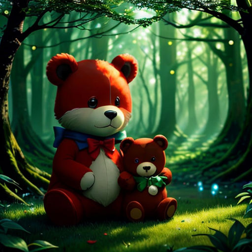 a red teddy bear sitting next to a smaller teddy bear in a forest with a green light shining on the trees
