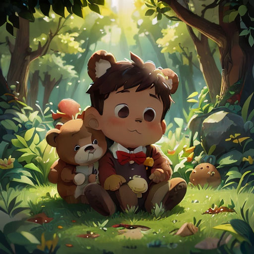 a boy sitting in the forest with two teddy bears on his lap and a bear on his shoulder, with a forest background