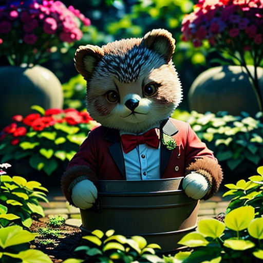 a stuffed animal is sitting in a garden with flowers and plants around it, wearing a red jacket and bow tie