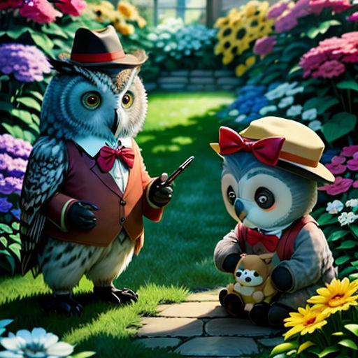 a couple of owls standing next to each other on a field of flowers and grass with a teddy bear