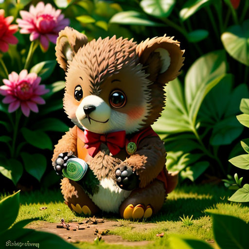 a teddy bear sitting in the grass with flowers in the background and a bottle of beer in his hand