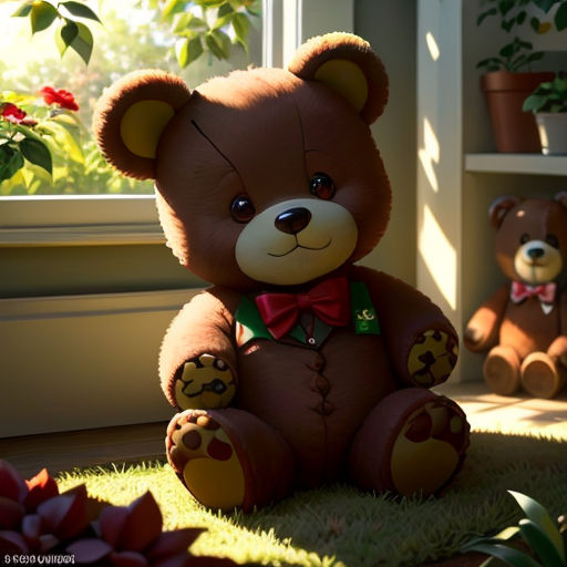 a brown teddy bear sitting on top of a green field of grass next to a window sill and potted plants