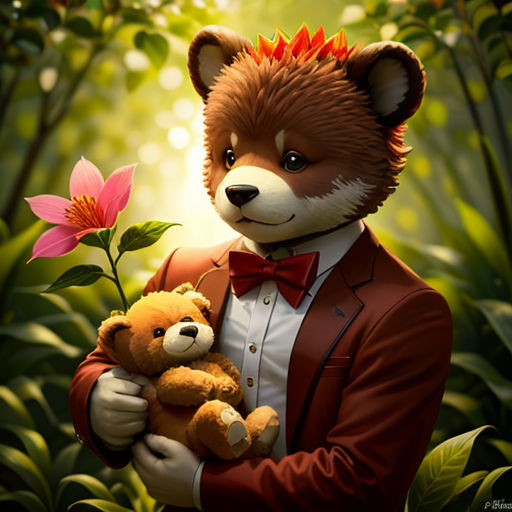 a painting of a man holding a teddy bear in a forest with a flower in his hand and a pink flower in his other hand