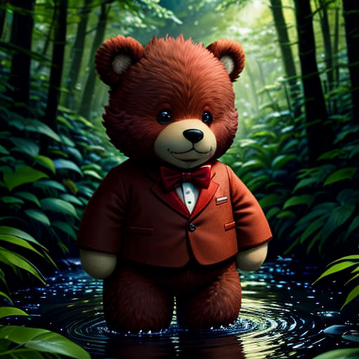 a teddy bear in a suit standing in a forest with a stream of water and trees in the background