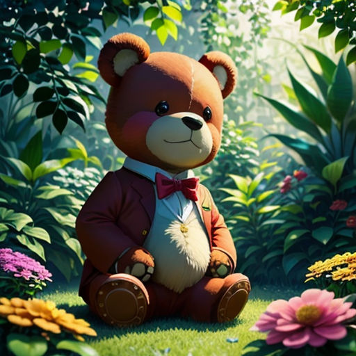 a teddy bear sitting in the middle of a forest with flowers and plants around it, with a pink flower in the foreground
