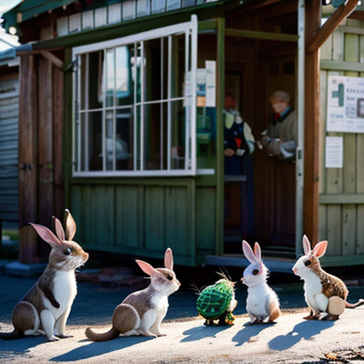a group of rabbits sitting in front of a small building with a man standing in the doorway and a woman standing behind them