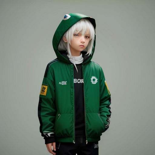 a boy in a green jacket with a hoodie on and a black shirt underneath him and a green hat on his head