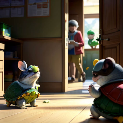 a mouse and a rat are playing in a room with other toys and toys on the floor and a man in a red shirt