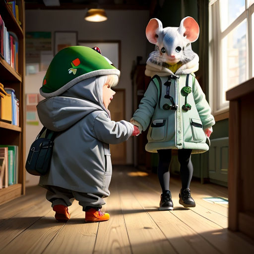 a little girl holding the hand of a little mouse in a room with bookshelves and a book shelf