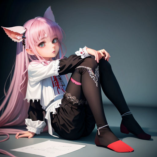 a woman with pink hair and black stockings sitting on the floor with her legs crossed and a cat ears on her head