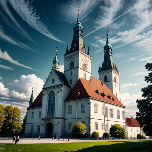 a large white building with a red roof and two towers on top of it's sides and a sky background