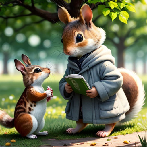 a painting of a squirrel and a squirrelling reading a book in a park with a tree in the background