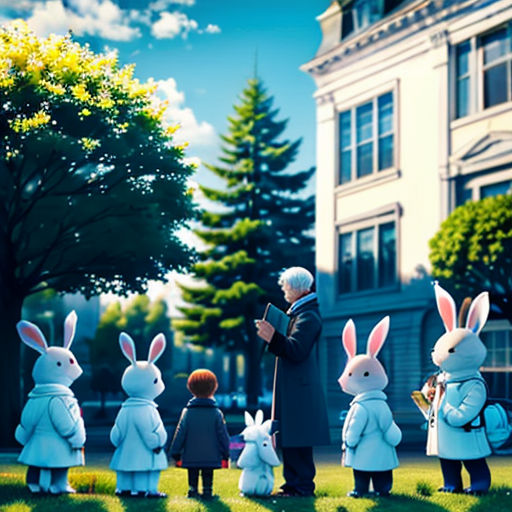 a group of people standing in front of a group of rabbits in a park with a building in the background