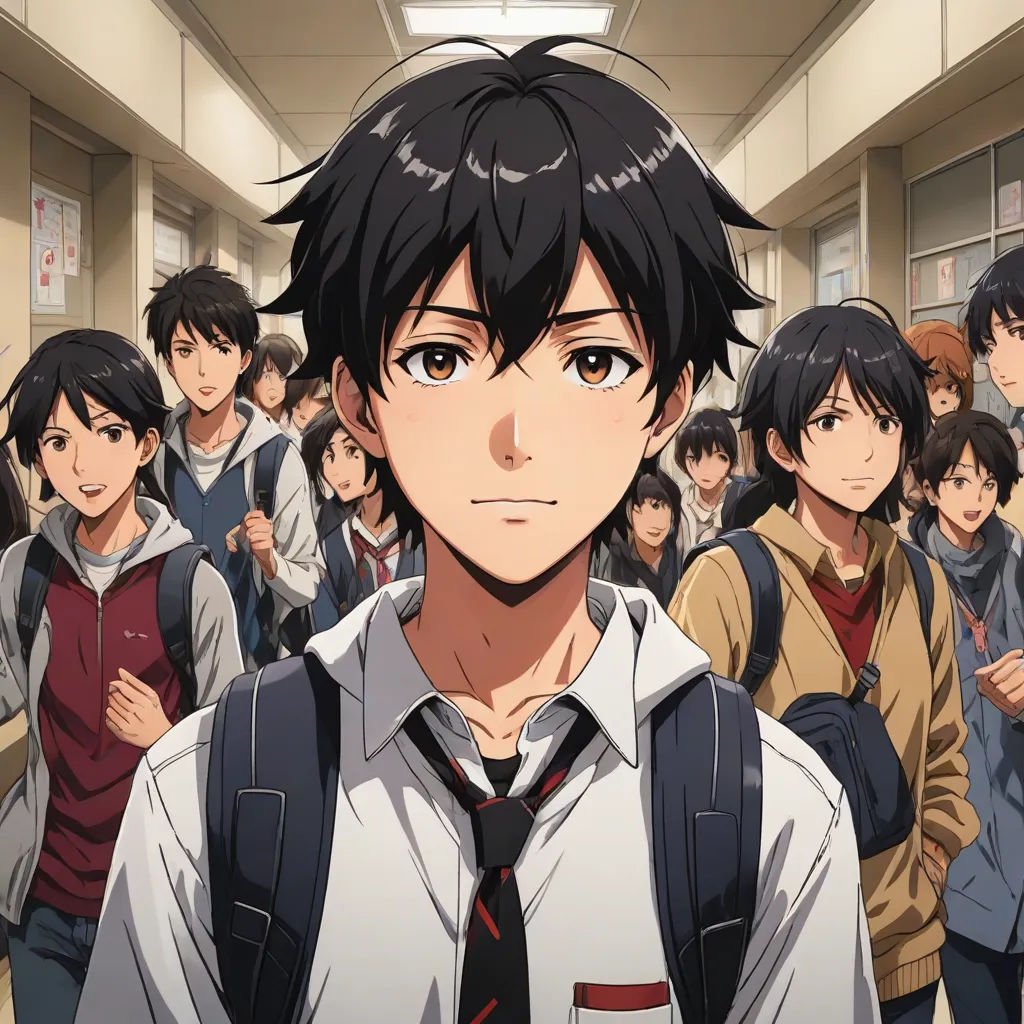 a group of people standing in a hallway with backpacks on their backs and one man with a tie on, poster art, Aya Goda, serial art, official art