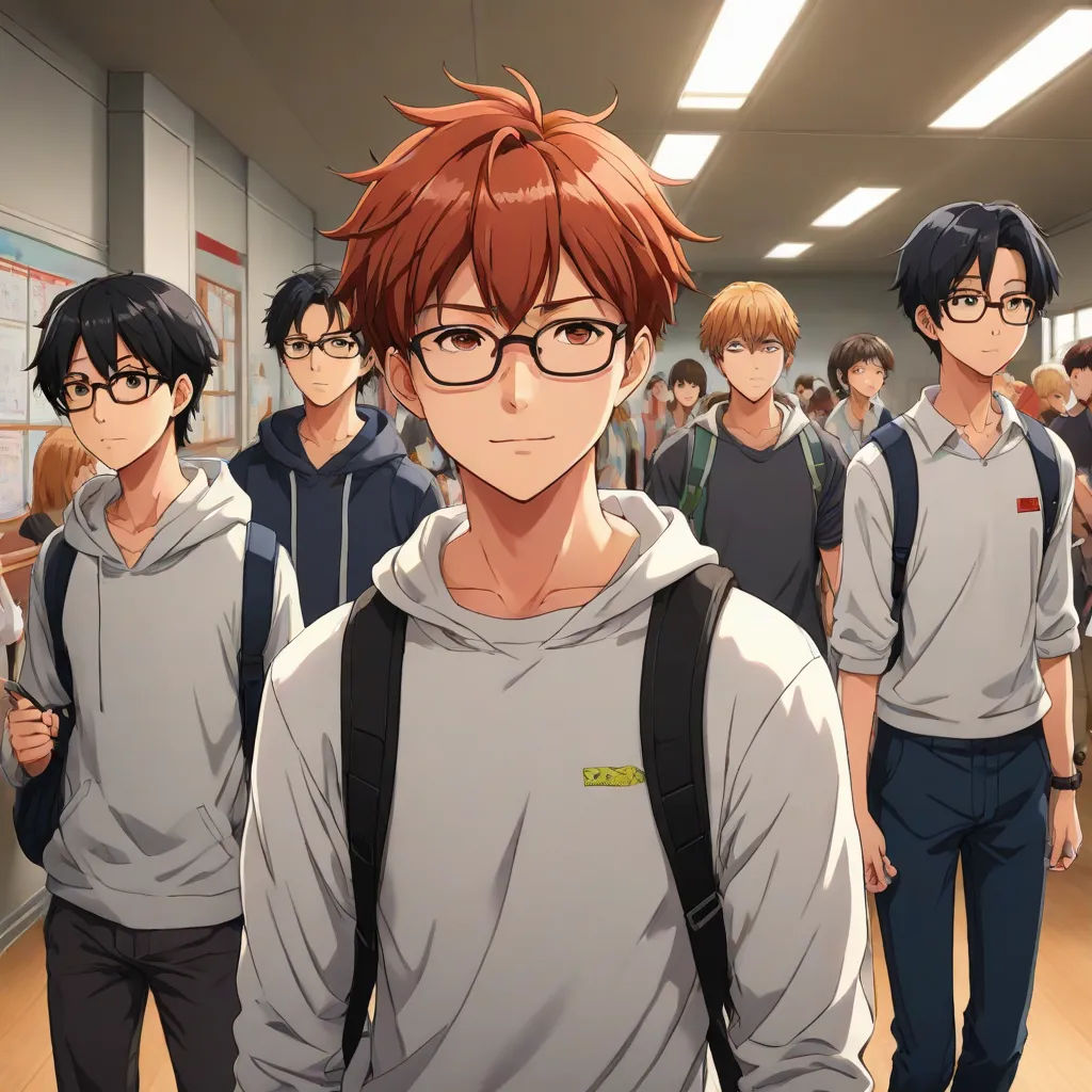 a group of young men standing in a hallway with a group of people behind them wearing glasses and backpacks, a screenshot, Ai-Mitsu, sots art, official art