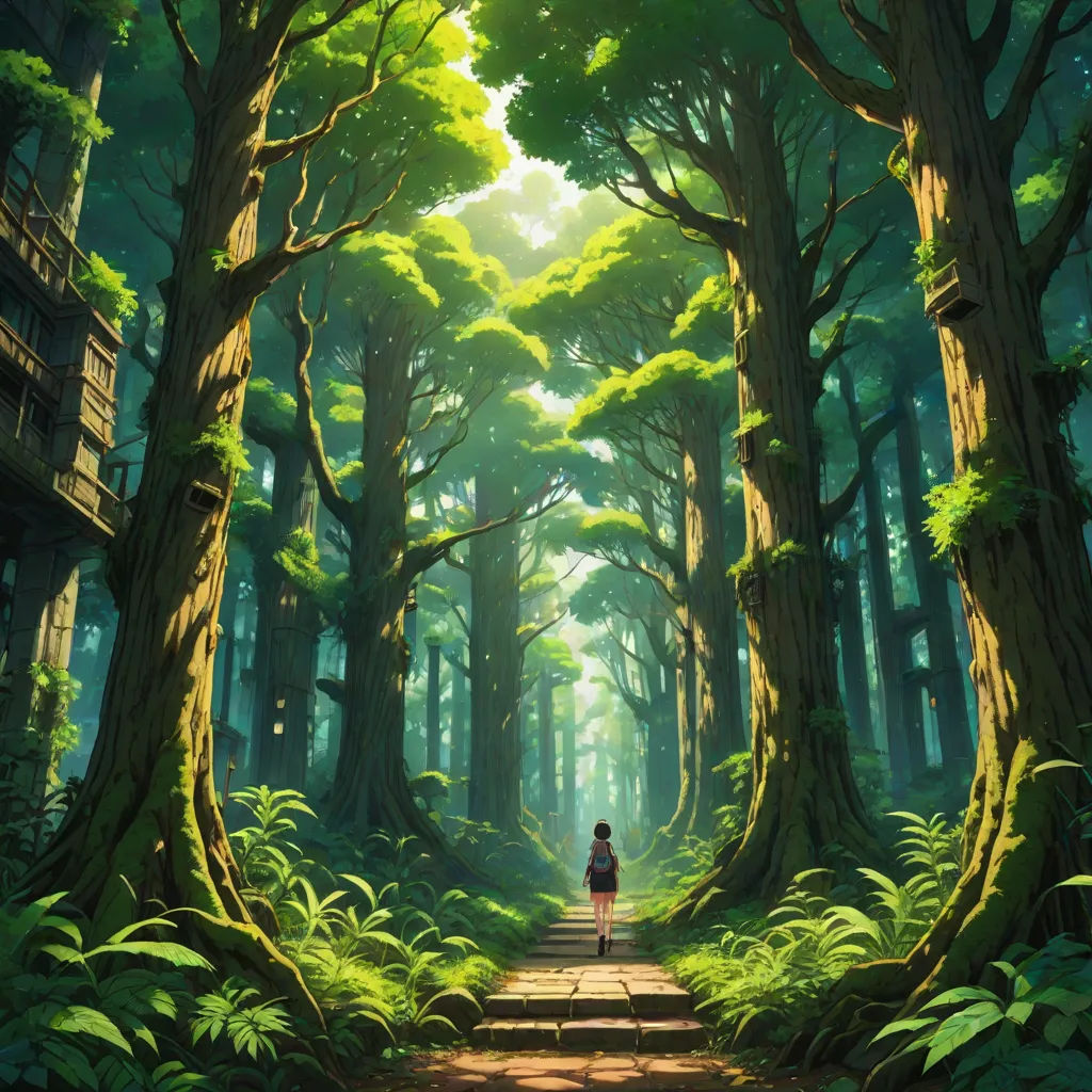 a painting of a person walking down a path in a forest with tall trees and a building in the background, a matte painting, Andreas Rocha, magical realism, forest