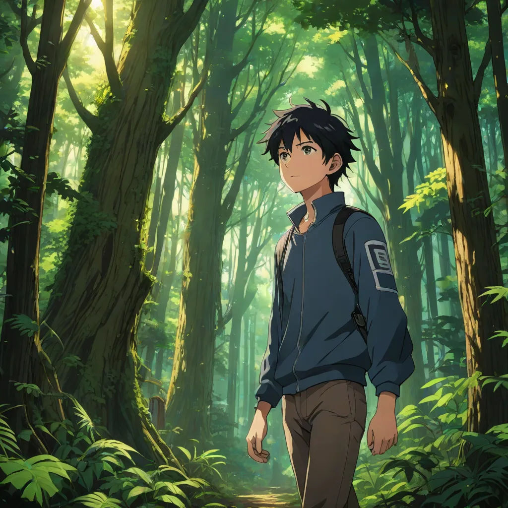 a man in a forest with trees and plants around him, looking at the camera with a backpack on, a detailed matte painting, Aguri Uchida, rayonism, anime key visual