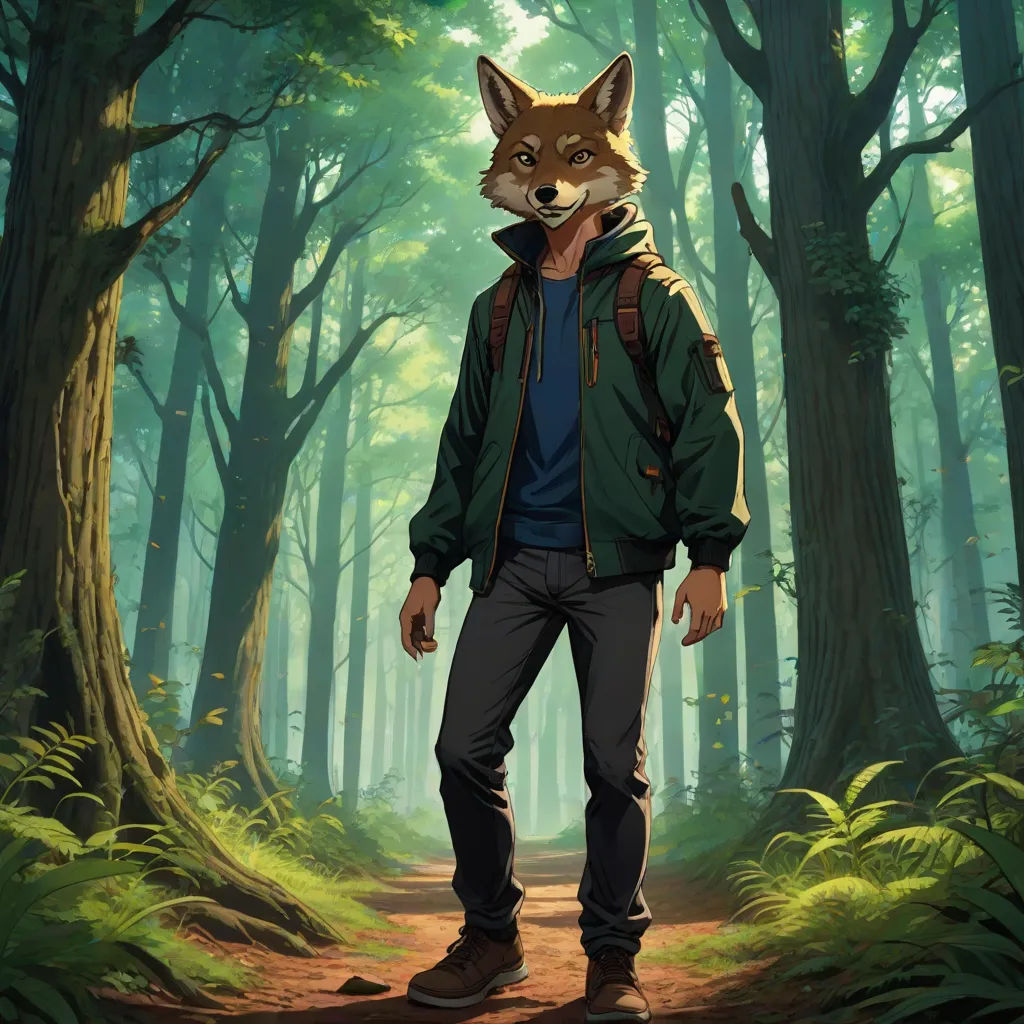 a man in a forest with a fox on his back and a backpack on his shoulder, standing in front of a forest, a character portrait, Cedric Seaut (Keos Masons), furry art, official art