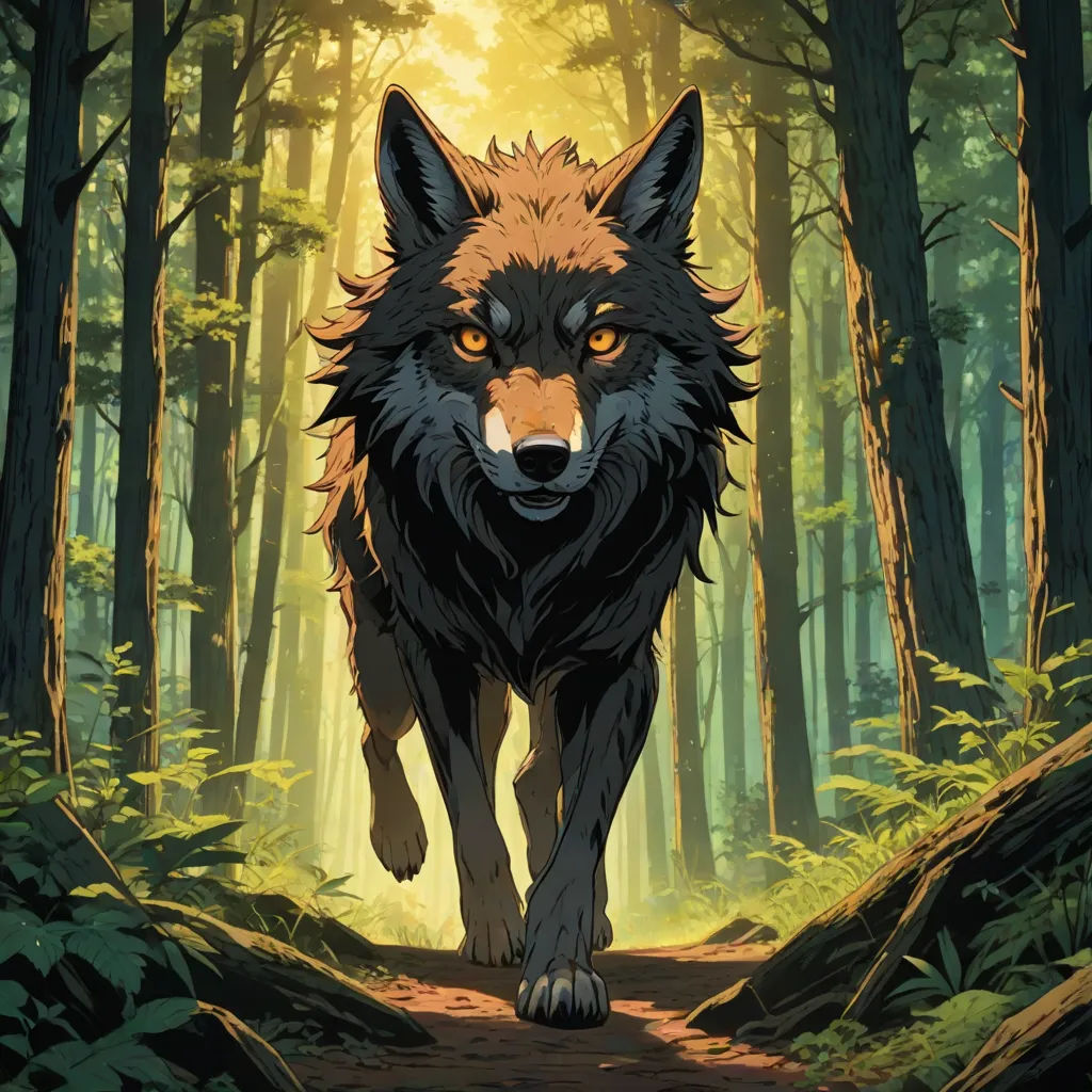 a wolf walking through a forest with bright sunlight coming through the trees and leaves on the ground, with a trail leading to the camera, concept art, Dan Mumford, furry art, official art