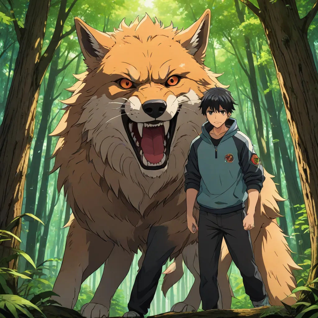 a man standing next to a wolf in a forest with trees and bushes behind him, with his mouth open, a character portrait, Baiōken Eishun, furry art, official art