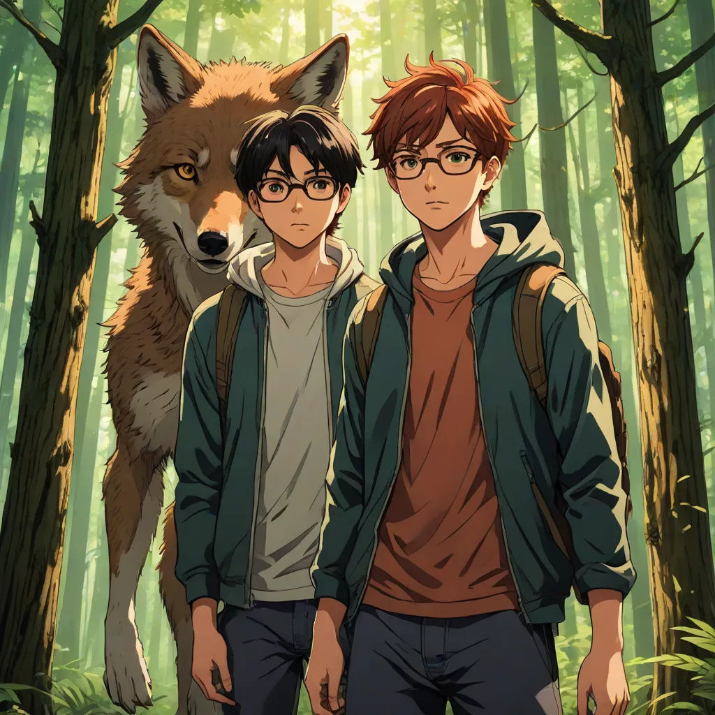 two young men standing in front of a forest with a wolf on his back and a forest background with trees, a poster, Ayami Kojima, furry art, official art