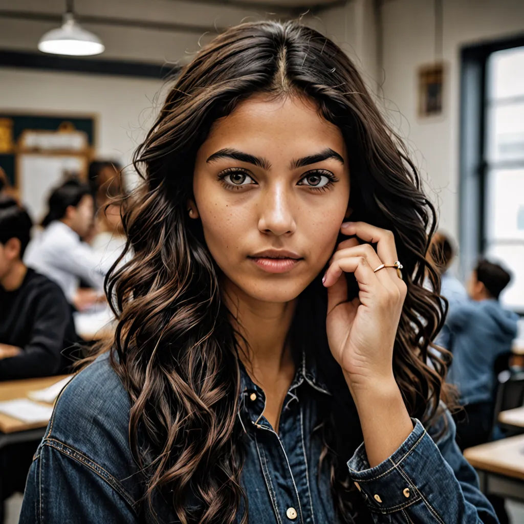 a woman in a classroom talking on a cell phone with other people in the background at desks and desks, barbizon school, a character portrait, Elina Karimova, portrait photography