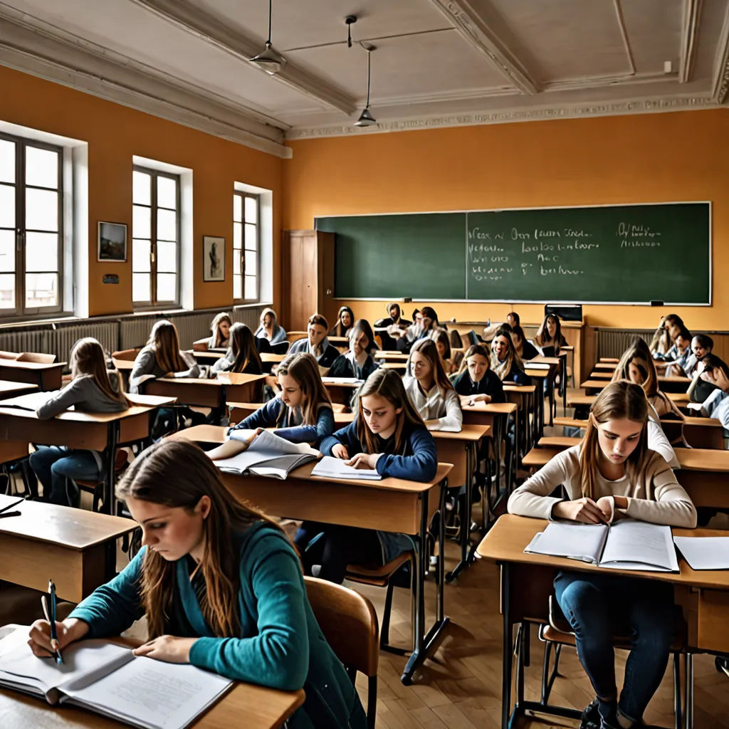 a classroom full of students sitting at desks writing on paper and taking notes in front of them with a chalkboard in the background, vancouver school, a stock photo, Évariste Vital Luminais, hard focus