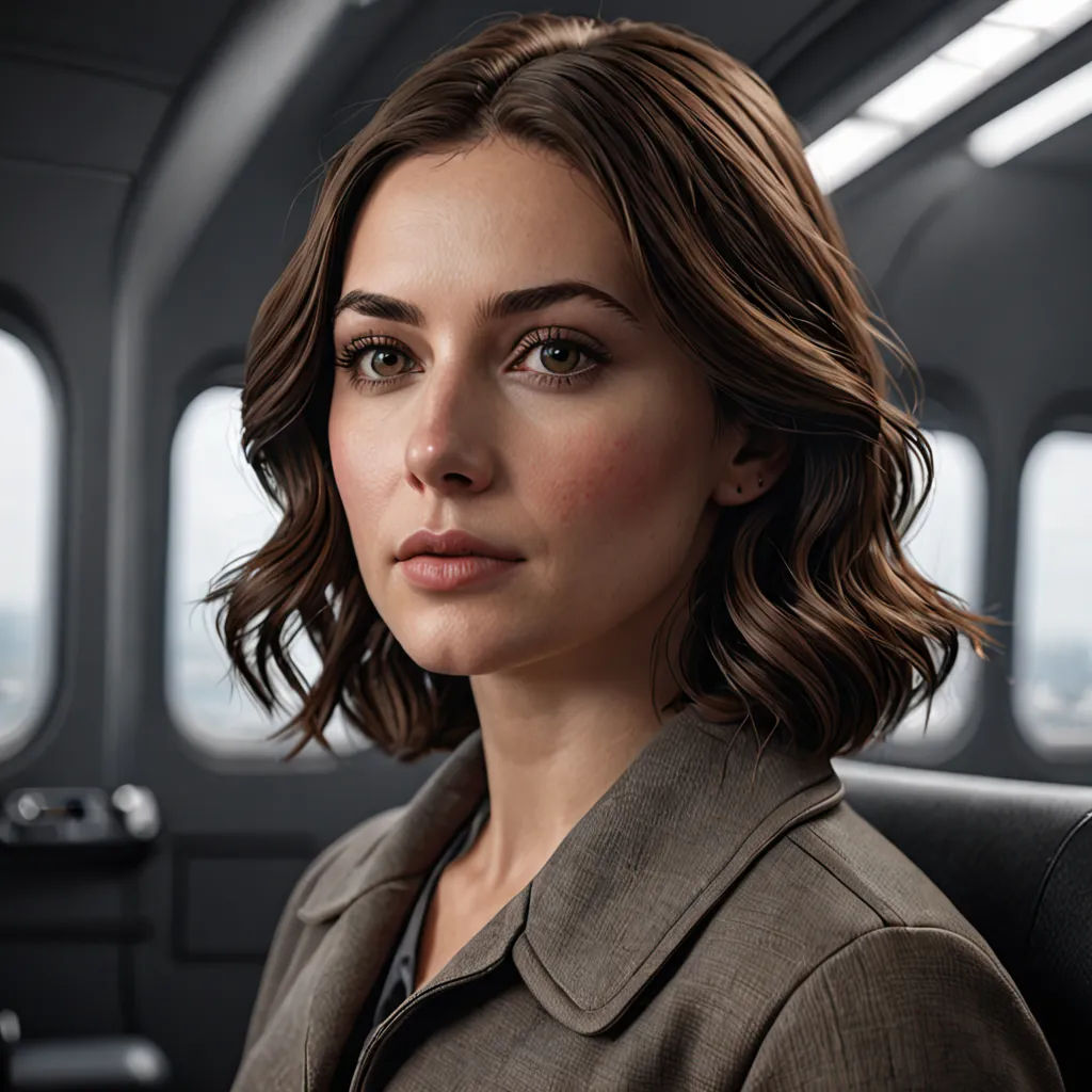 a woman with shoulder length hair and a brown jacket on a plane looking out the window at the city, photorealism, a character portrait, Eve Ryder, promotional image