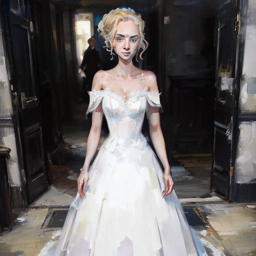 a painting of a woman in a white dress standing in a hallway with a man in the background looking at her