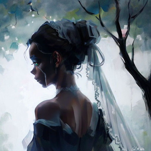 a painting of a woman in a wedding dress with a veil on her head and a tree in the background