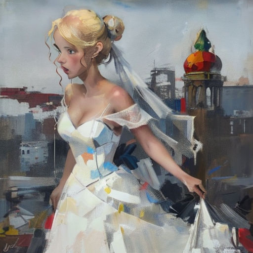 a painting of a woman in a wedding dress holding a shopping bag and looking down at the ground with a city in the background