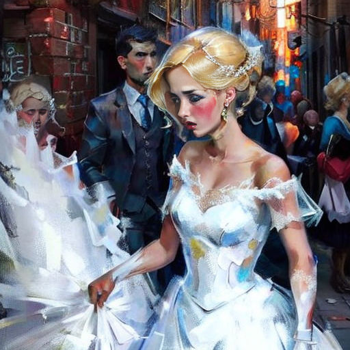 a painting of a woman in a white dress and a man in a suit and tie walking down a street