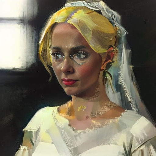 a painting of a woman in a wedding dress with a veil on her head and a tiara on her head