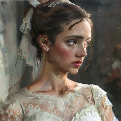 a painting of a woman in a wedding dress with a veil on her head and a man in the background