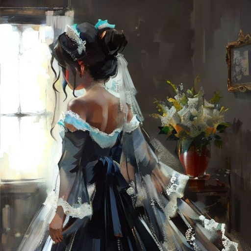 a painting of a woman in a wedding dress looking out a window at a vase of flowers and a mirror