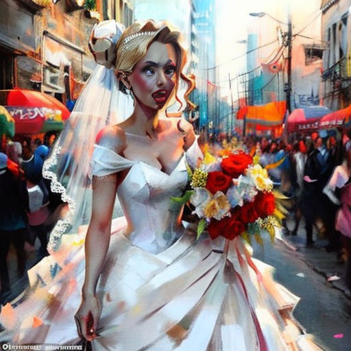 a painting of a woman in a wedding dress holding a bouquet of flowers in a crowded street with people