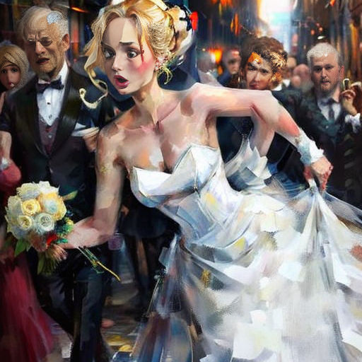 a painting of a woman in a wedding dress and a man in a tuxedo and a man in a suit
