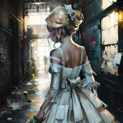 a woman in a white dress is walking down a street with a bouquet of flowers in her hand and a man in the background
