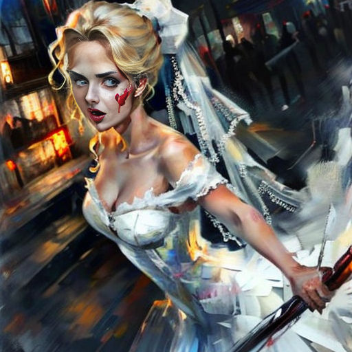 a woman in a white dress holding a knife and a knife in her hand with blood on her face