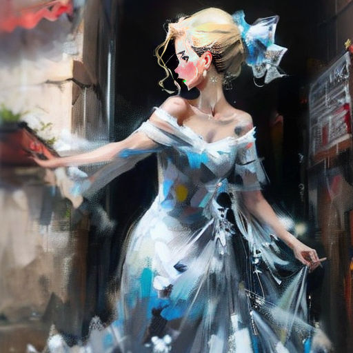 a painting of a woman in a dress holding a bag of flowers in her hand and a sign in the background